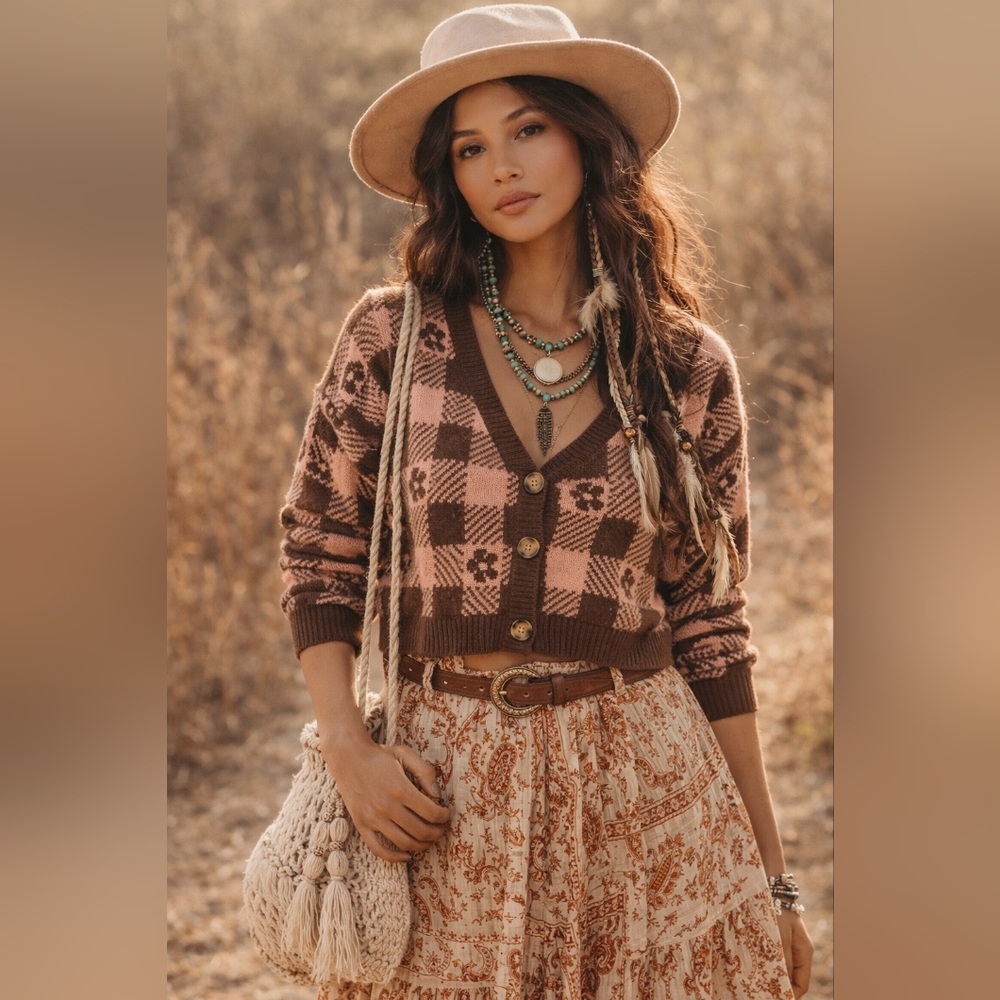Brown and Pink Flowered Bohemian Checkered Cardigan XL